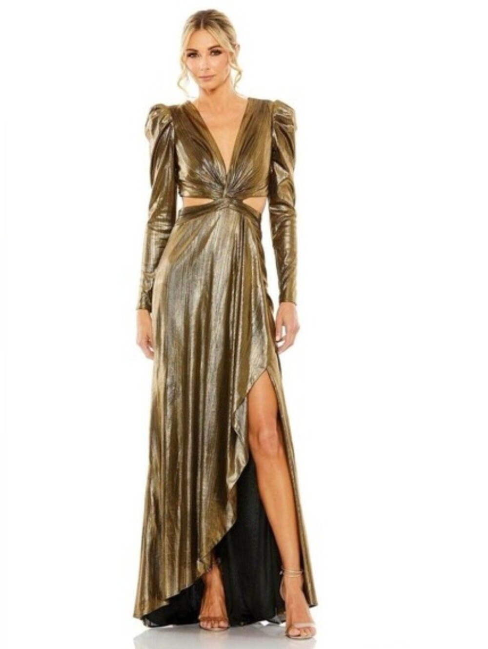 Mac Duggal 27060 Princess Sleeve Cut Out Metallic Gown NWT